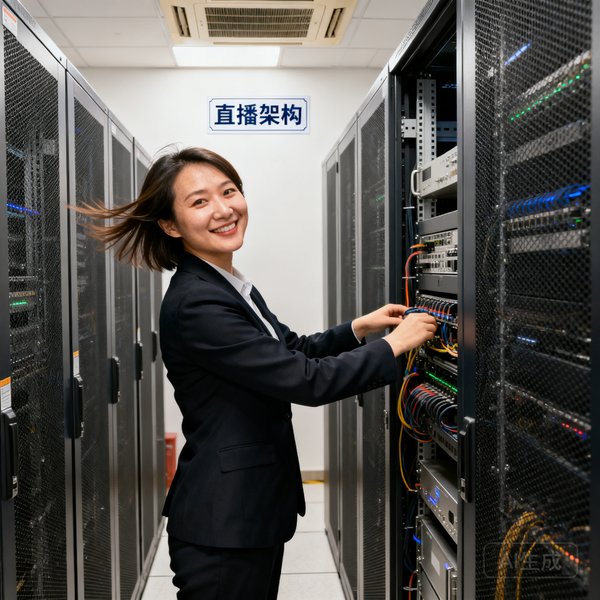 技术总监李芮在服务器机房工作，负责直播架构，自信微笑